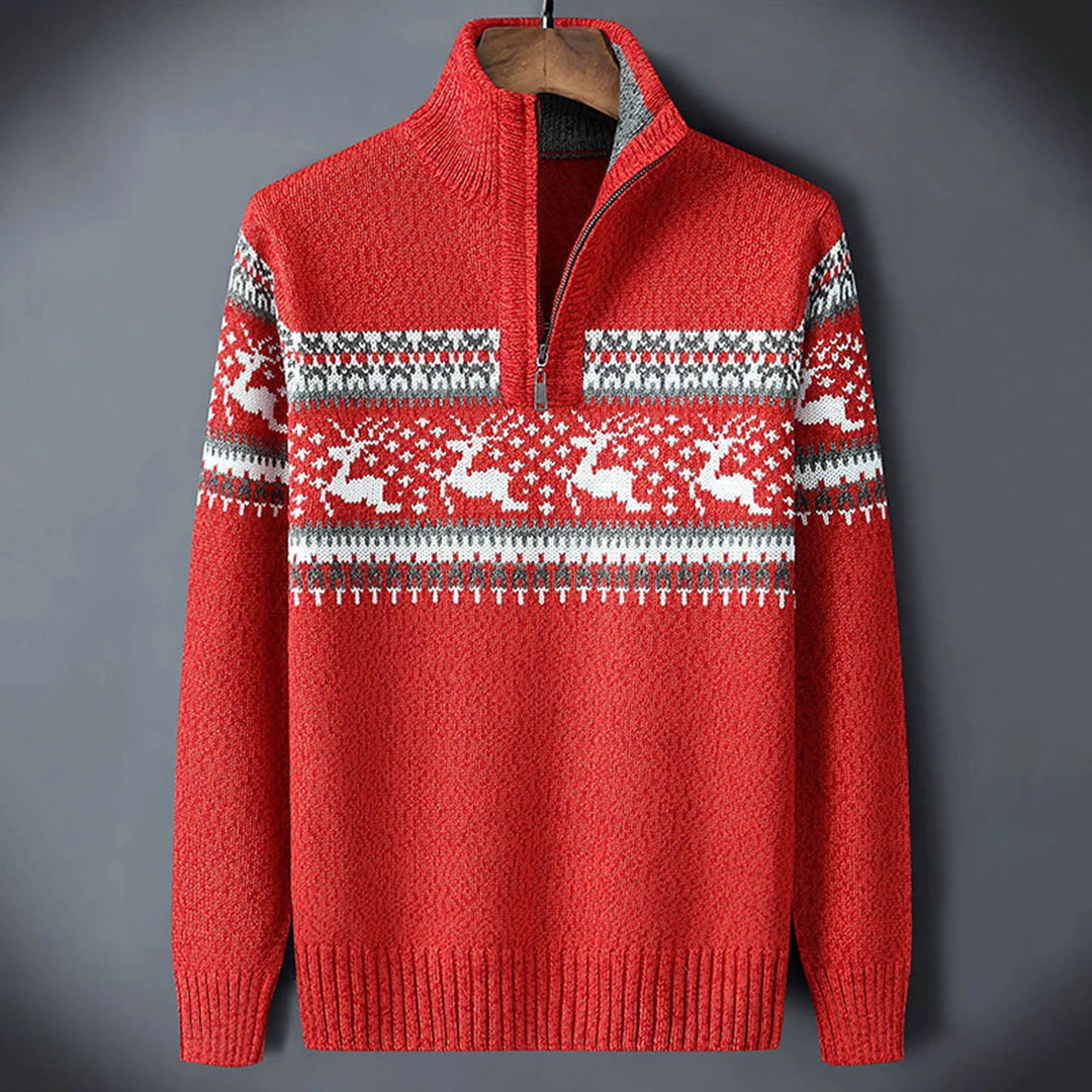 Leopold | Men's Knit Cozy Fair Isle Quarter Zip Sweater for Men — Red