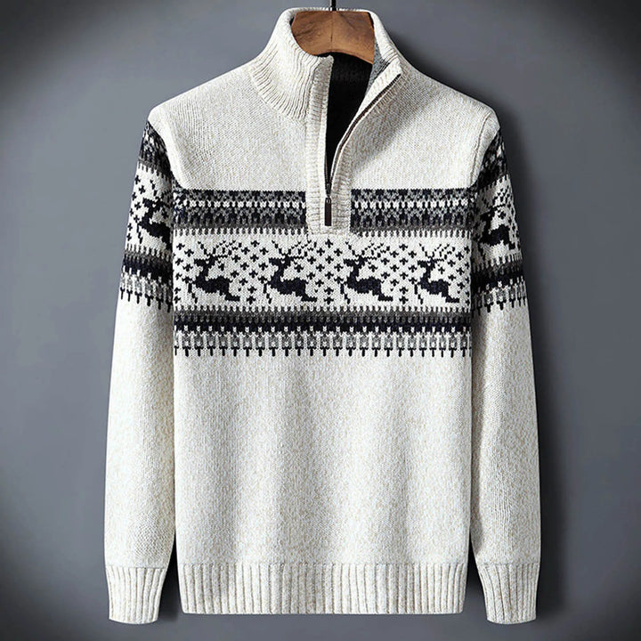 Leopold | Men's Knit Cozy Fair Isle Quarter Zip Sweater for Men — White