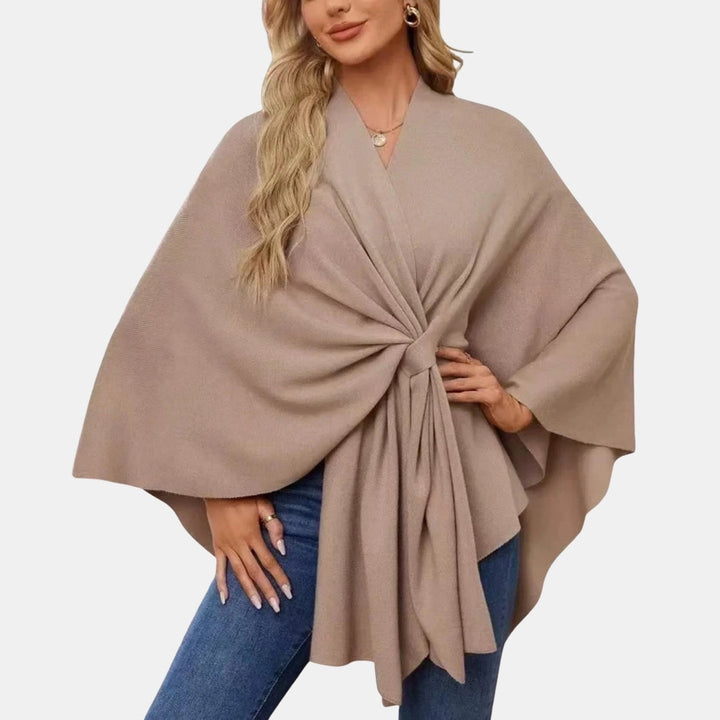 Liana | Women's Casual Stretch Elegant Draped Poncho with Front Knot Tops — Beige