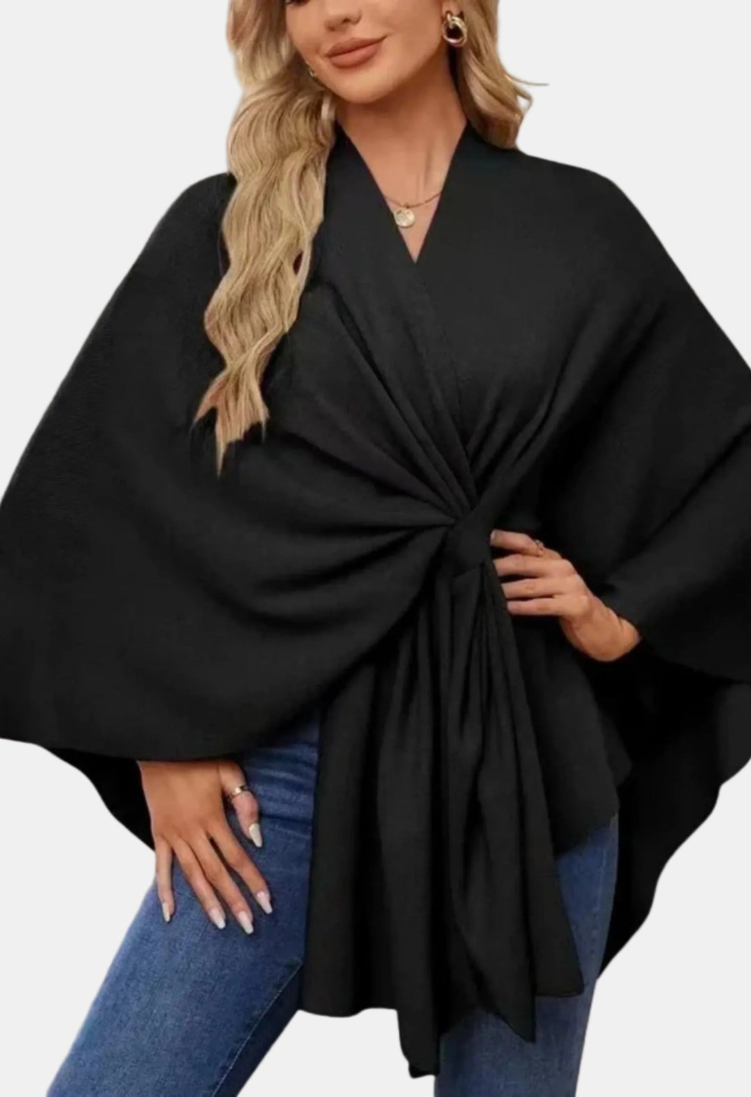 Liana | Women's Casual Stretch Elegant Draped Poncho with Front Knot Tops — Black