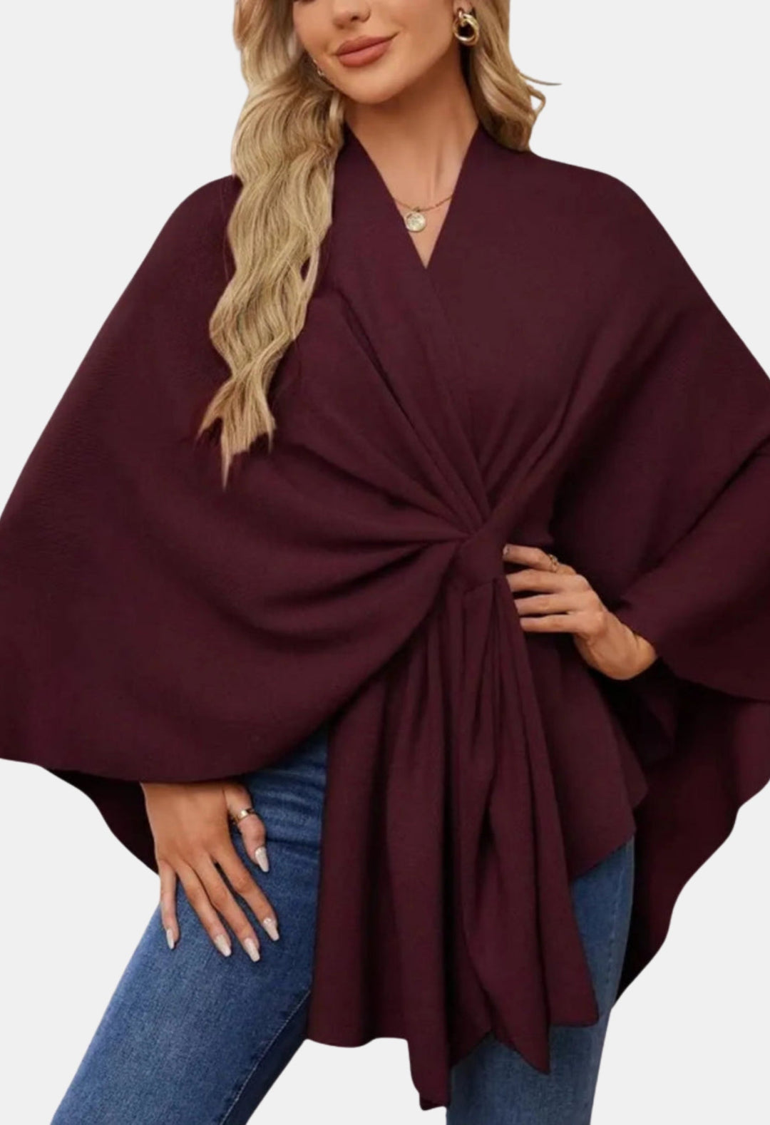 Liana | Women's Casual Stretch Elegant Draped Poncho with Front Knot Tops — Burgundy