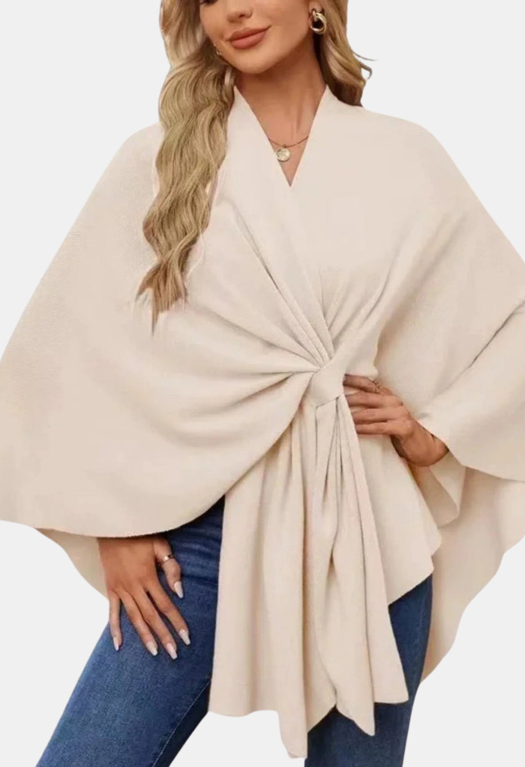 Liana | Women's Casual Stretch Elegant Draped Poncho with Front Knot Tops — Cream