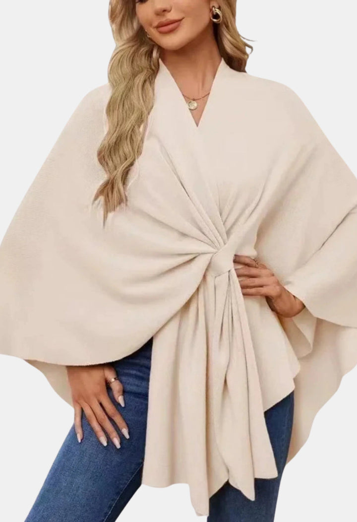 Liana | Women's Casual Stretch Elegant Draped Poncho with Front Knot Tops — Cream