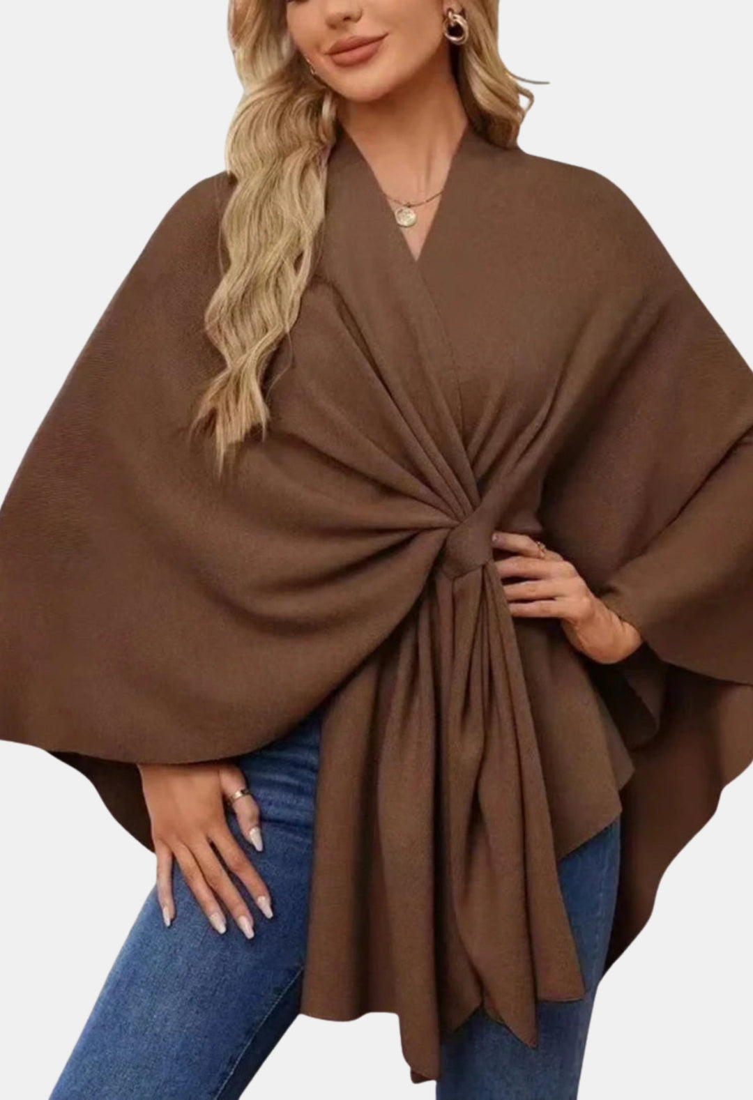 Liana | Women's Casual Stretch Elegant Draped Poncho with Front Knot Tops — Dark Brown