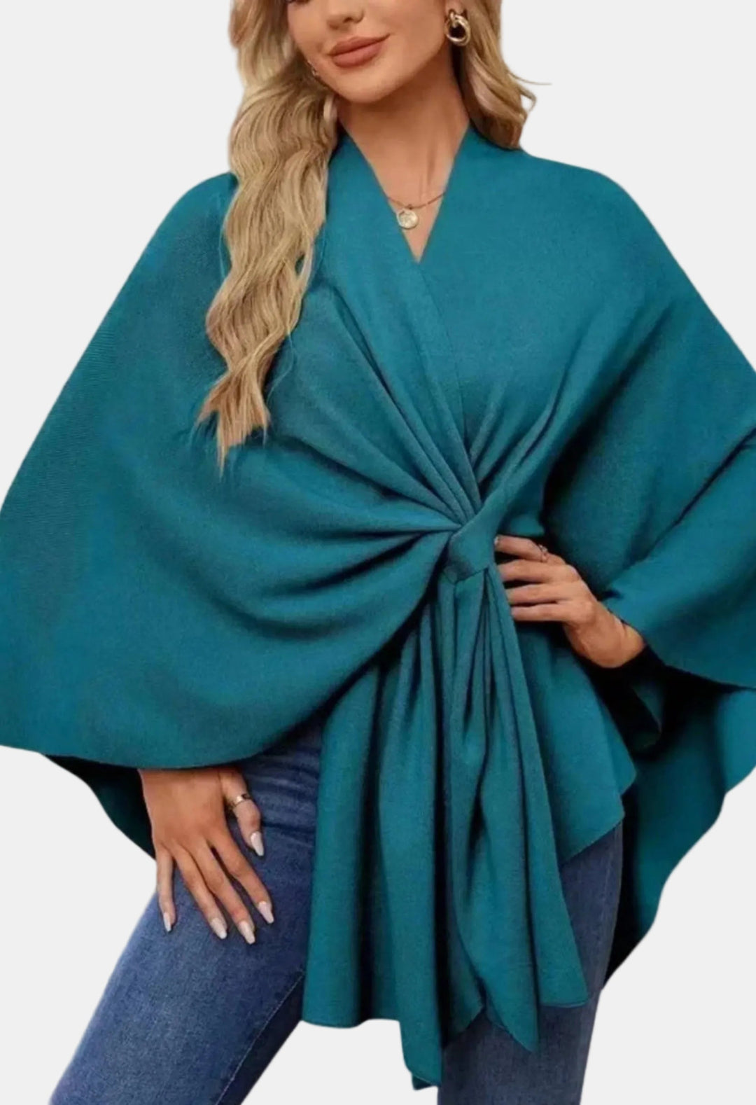 Liana | Women's Casual Stretch Elegant Draped Poncho with Front Knot Tops — Dark Green