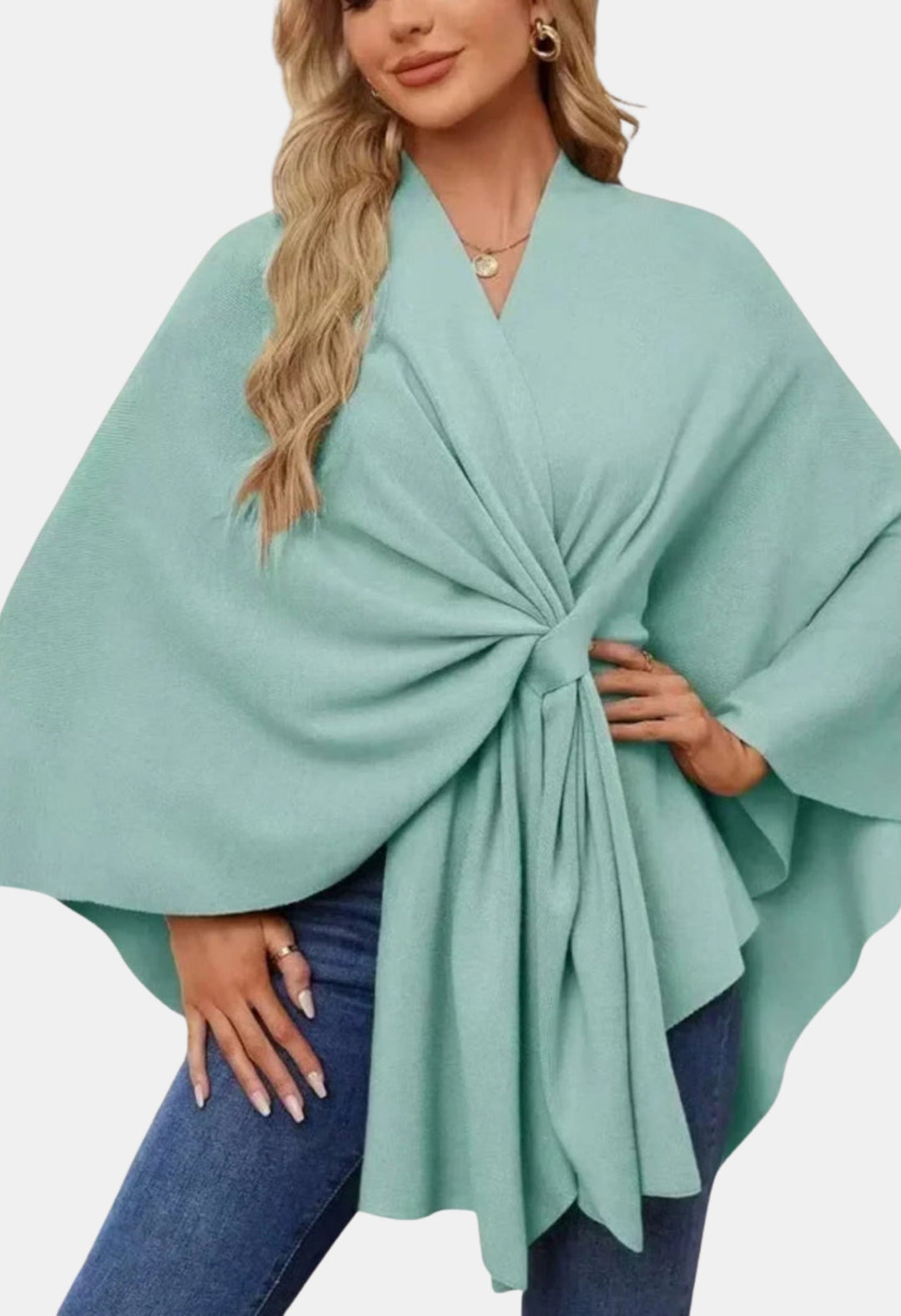 Liana | Women's Casual Stretch Elegant Draped Poncho with Front Knot Tops — Light Green