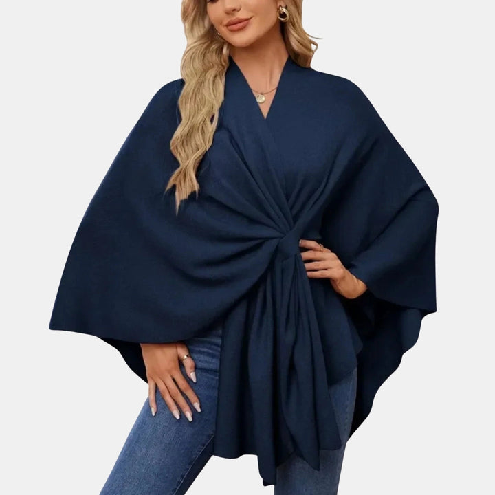 Liana | Women's Casual Stretch Elegant Draped Poncho with Front Knot Tops — Navy