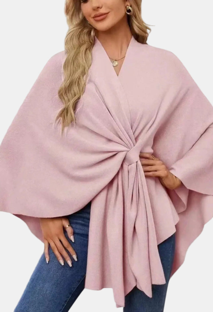 Liana | Women's Casual Stretch Elegant Draped Poncho with Front Knot Tops — Pink