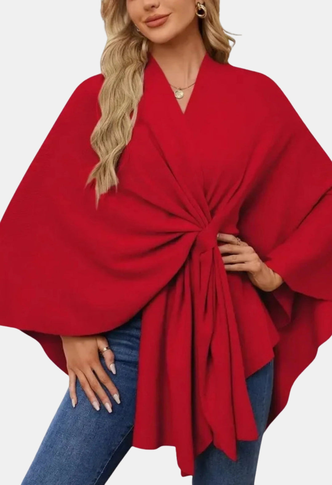 Liana | Women's Casual Stretch Elegant Draped Poncho with Front Knot Tops — Red