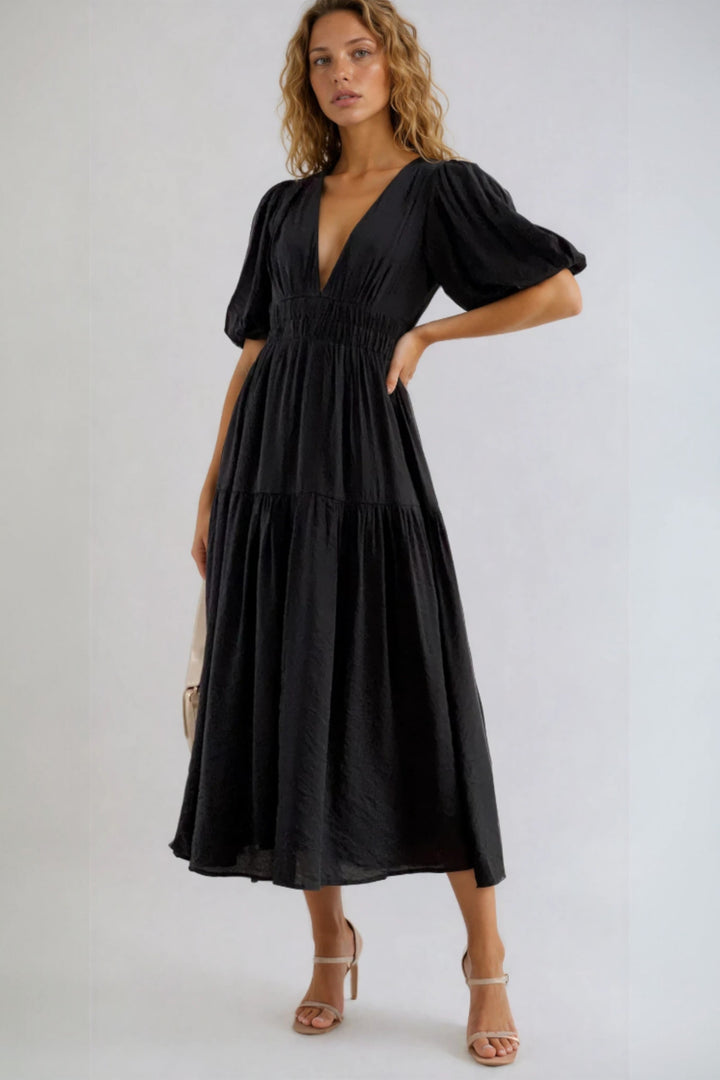 Liliana | Women's Wedding Guest Elegant Midi Dress with V-Neck and Puff Sleeves Dresses — Black