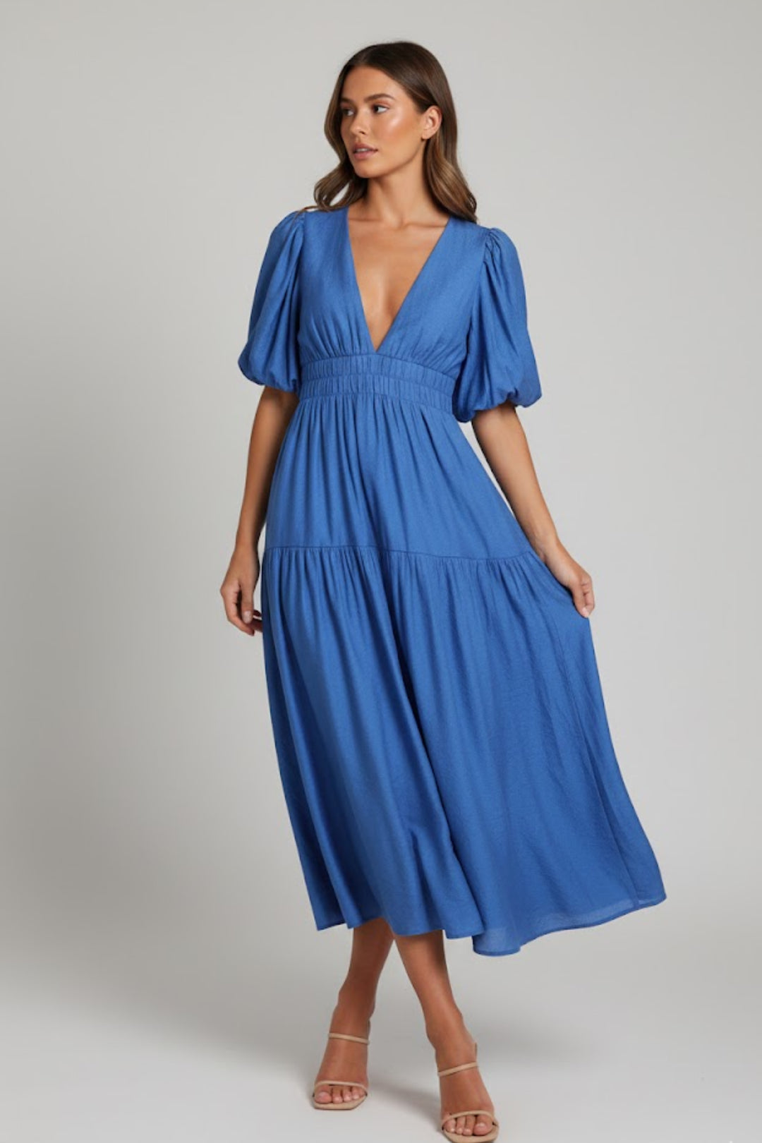 Liliana | Women's Wedding Guest Elegant Midi Dress with V-Neck and Puff Sleeves Dresses — Blue
