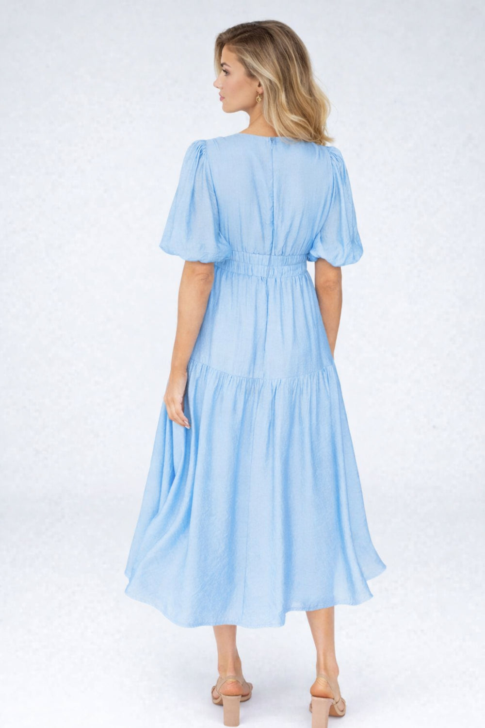 Liliana | Women's Wedding Guest Elegant Midi Dress with V-Neck and Puff Sleeves Dresses — 2