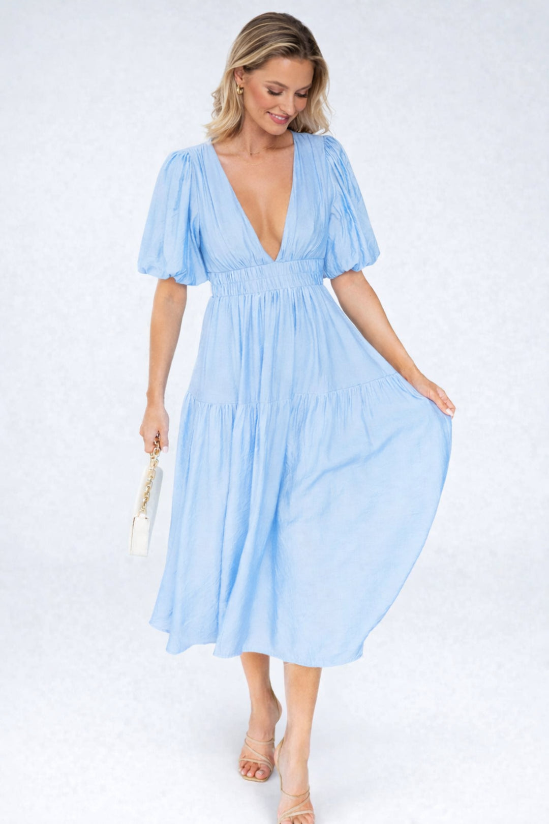 Liliana | Women's Wedding Guest Elegant Midi Dress with V-Neck and Puff Sleeves Dresses — Light Blue
