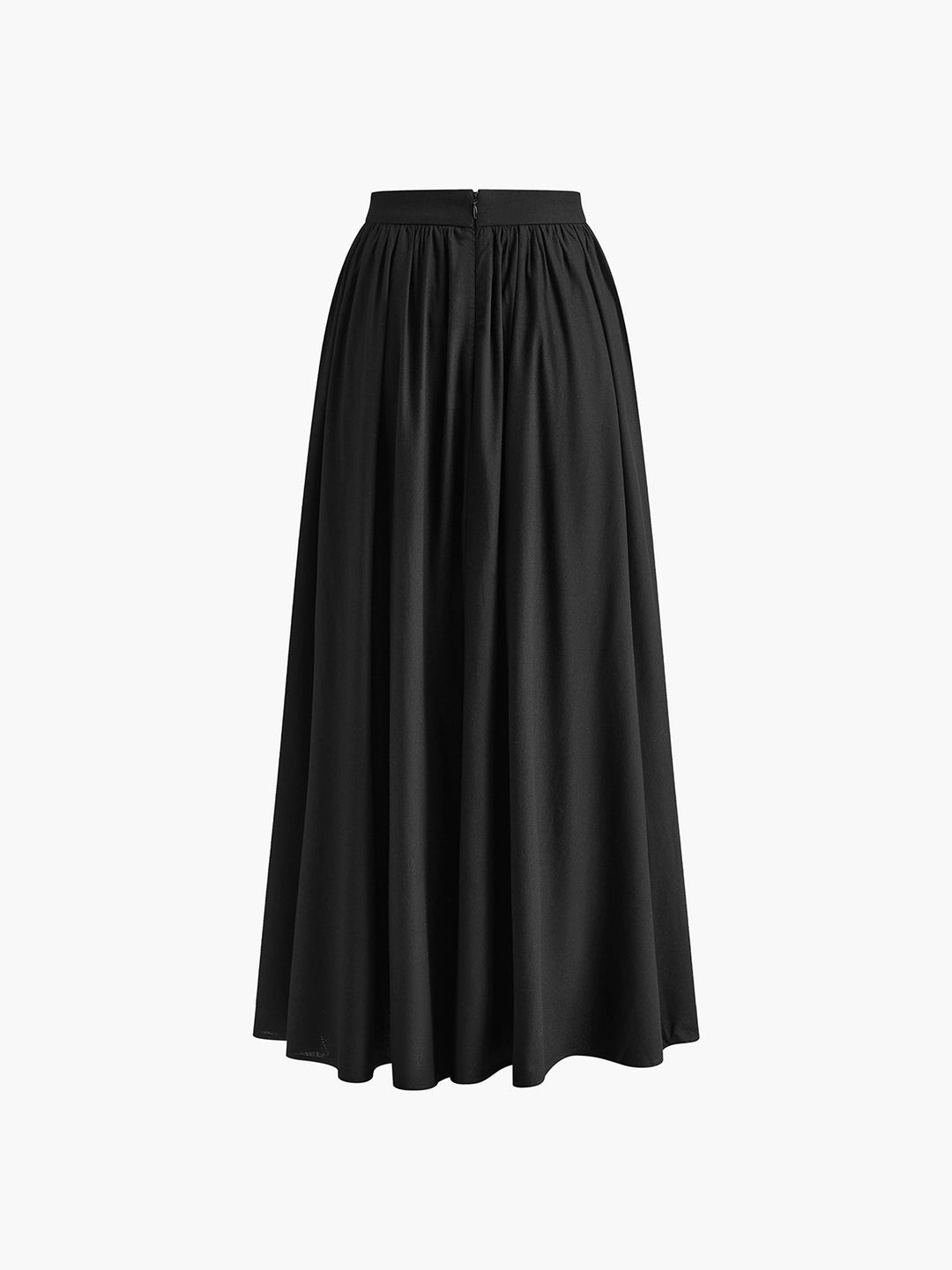 Flowing solid color skirt with soft pleating and long length on plain background.