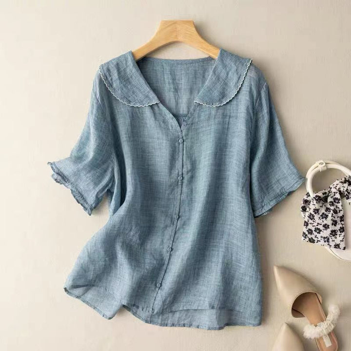 Liorara | Women's Linen Casual Vintage Blouse with Button Detail — Blue