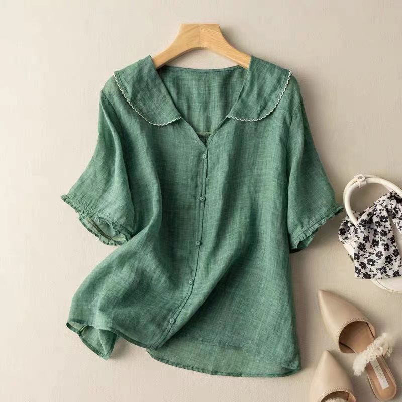 Liorara | Women's Linen Casual Vintage Blouse with Button Detail — Green