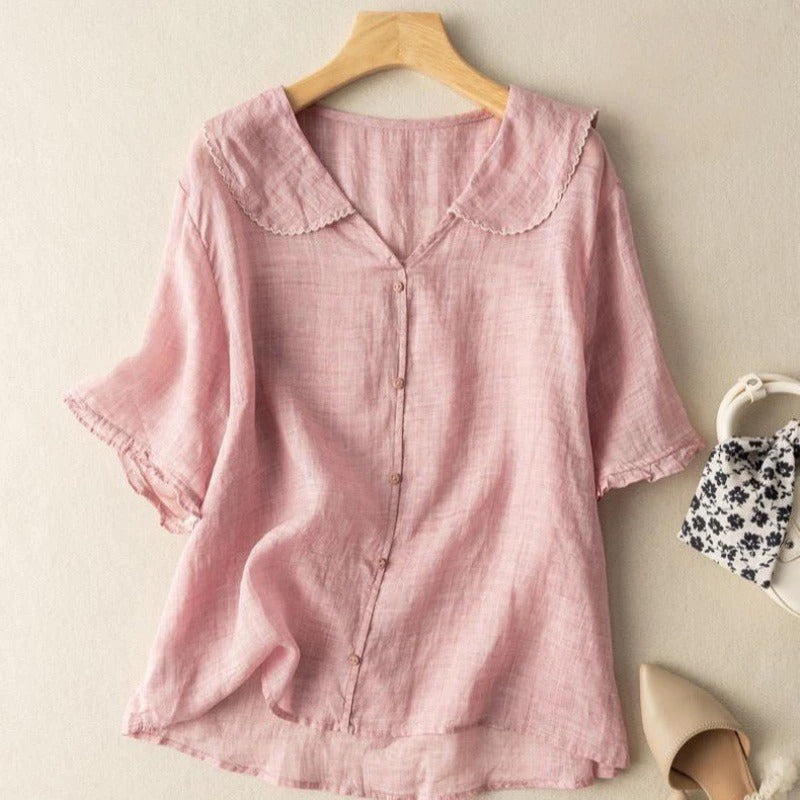 Liorara | Women's Linen Casual Vintage Blouse with Button Detail — Pink