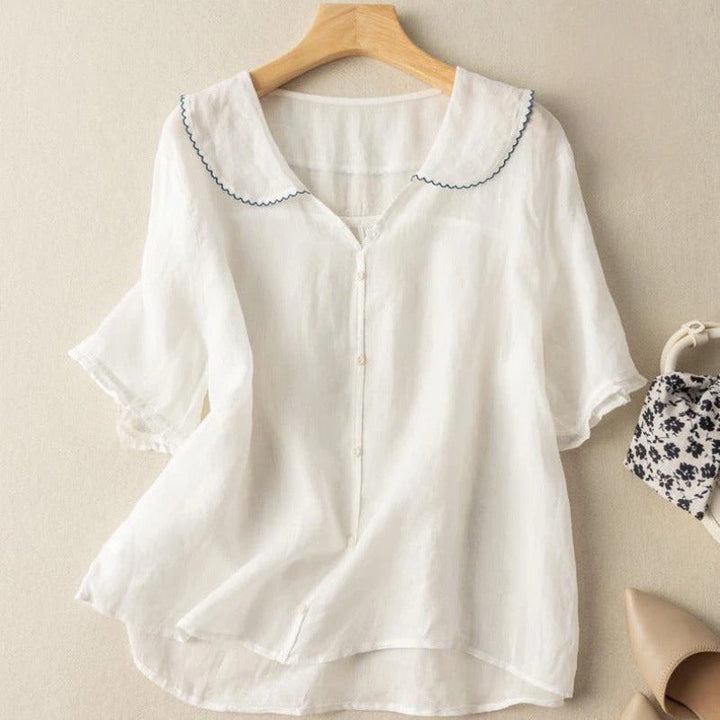 Liorara | Women's Linen Casual Vintage Blouse with Button Detail — White