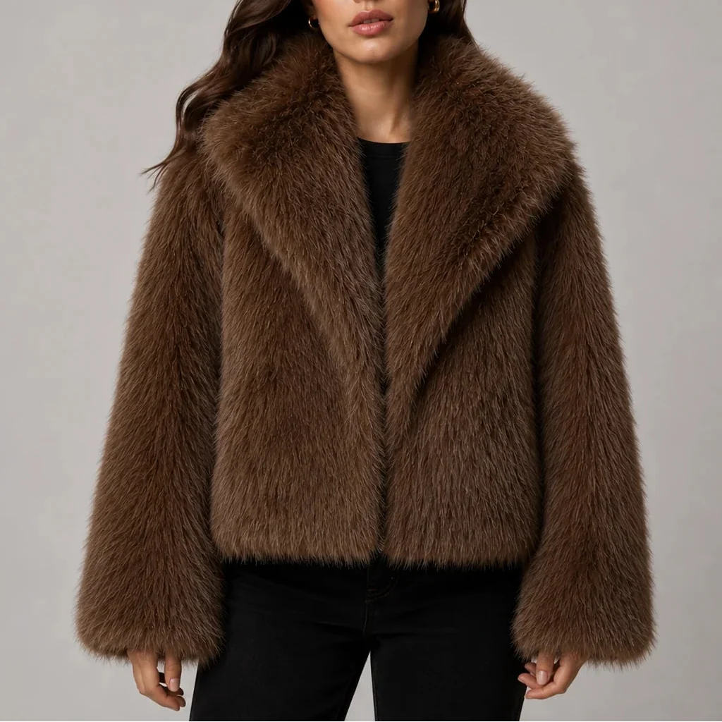 Lisenova | Women's Oversized Collar Cropped Faux Fur Jacket