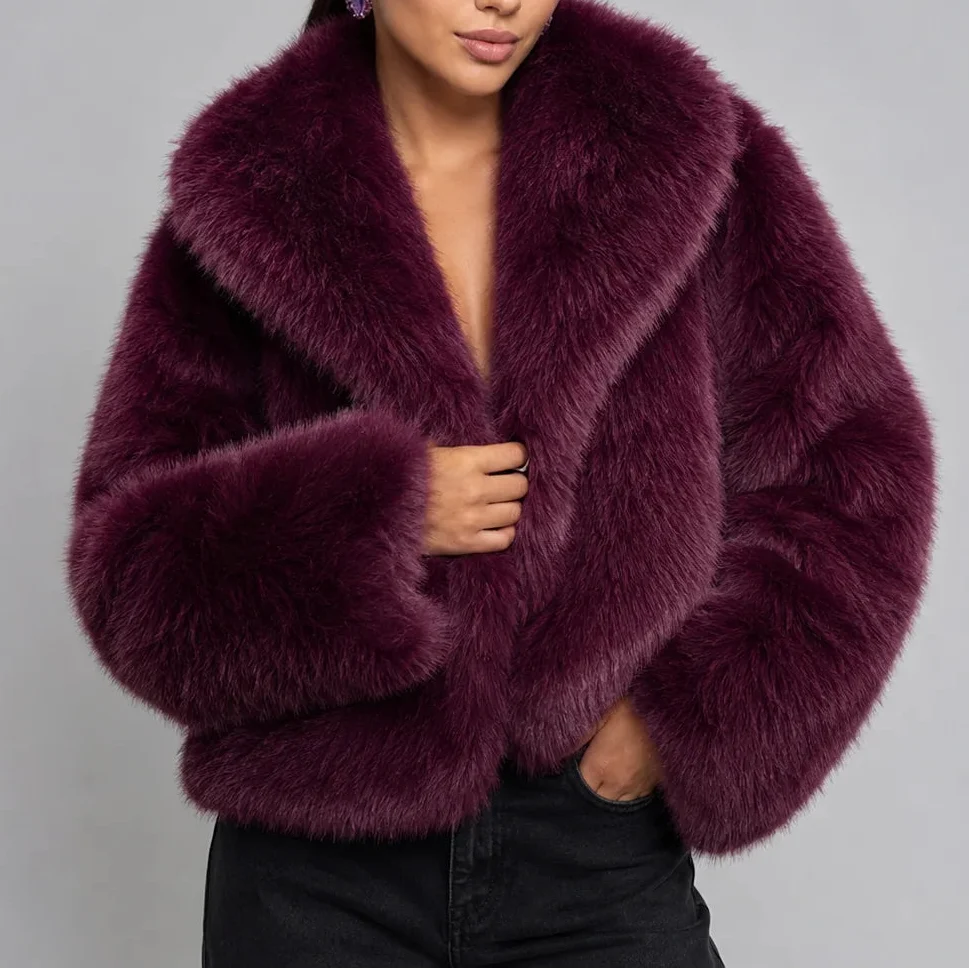 Lisenova | Women's Oversized Collar Cropped Faux Fur Jacket