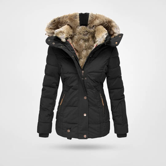 Lisettecine | Women's Hooded puff Jacket – Mid-Length Coat — Black
