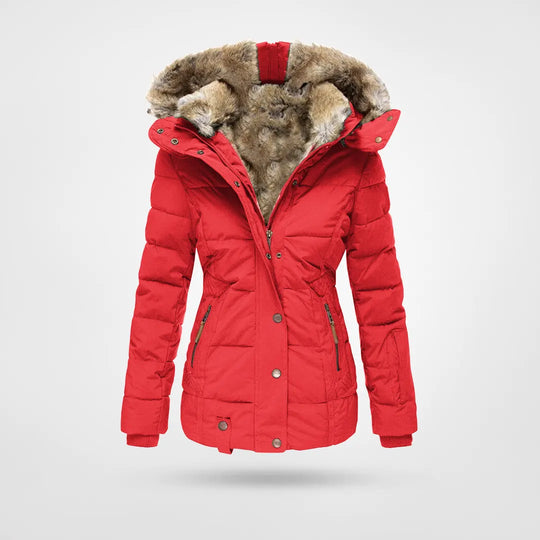 Lisettecine | Women's Hooded puff Jacket – Mid-Length Coat — Red