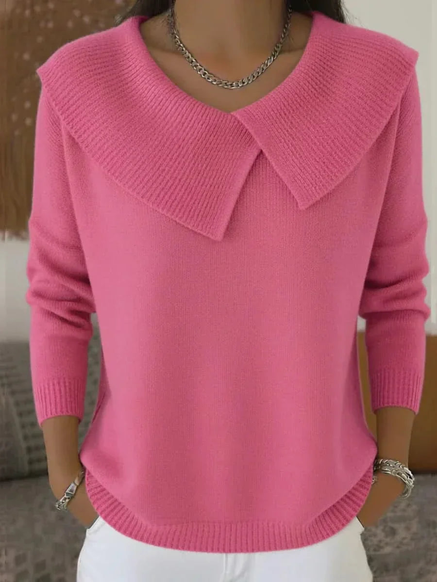 Livnia | Women's Knit Cozy Ribbed Collar Detail Sweaters — Dark Pink