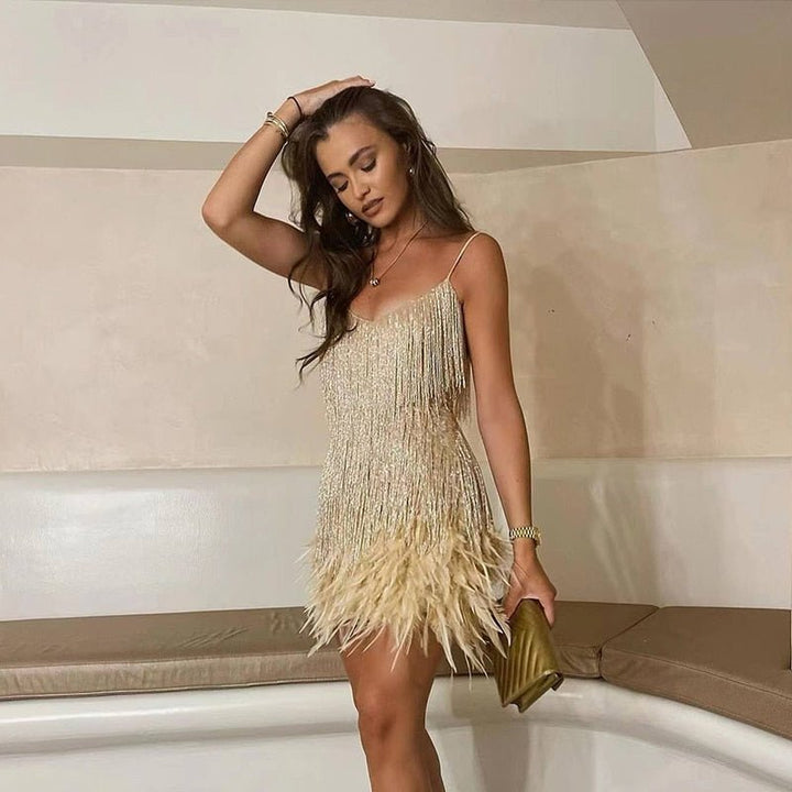 Livria | Women's Comfort Slip-On Feather Mini Dress with Flattering Fit — Gold