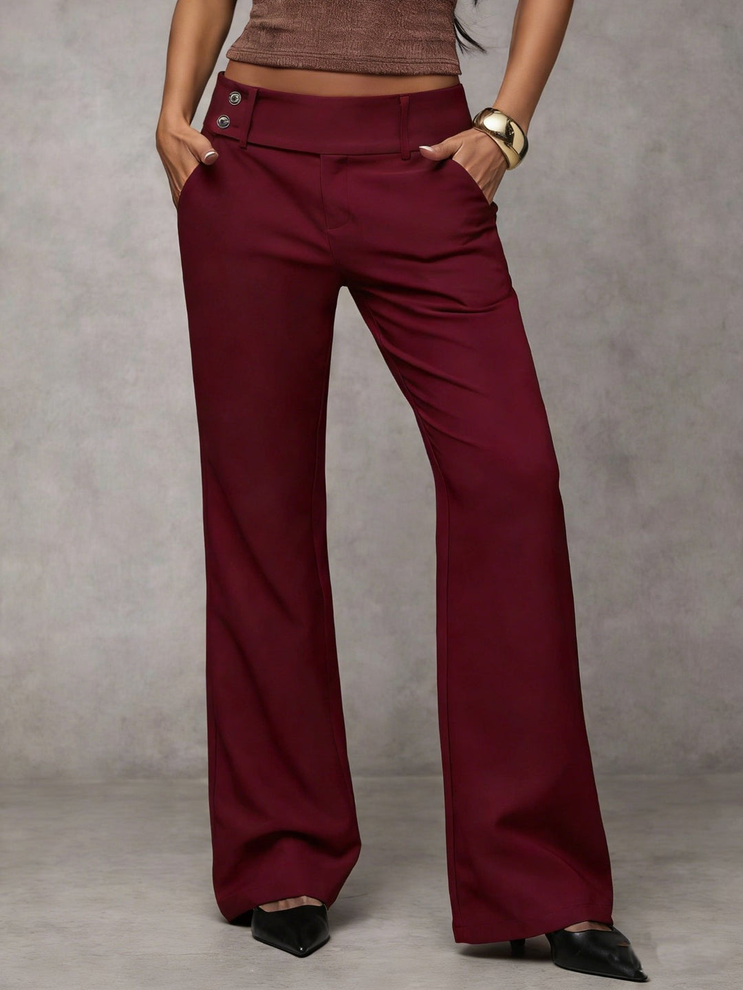 Lumiaria | Women's Wide-Leg Linen Waist Wide Leg Trousers with Belt Loops and Slant Pockets — Wine Red