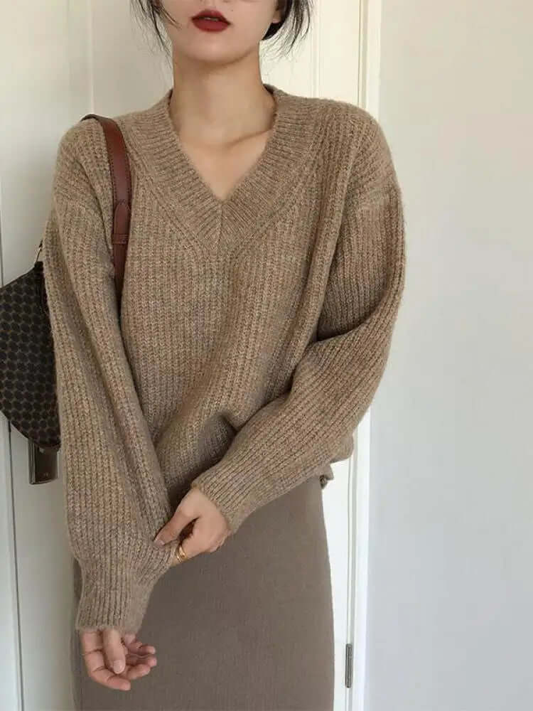 Lunanthe | Women's Cozy Oversized Chunky Knit Sweater — Light Brown