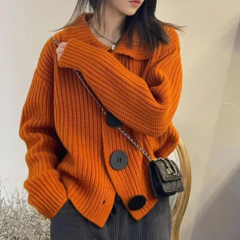 Lunvia | Women's Cozy Cardigan Sweater Solid Lapel Button Korean Long Sleeve Knit Coat — 2