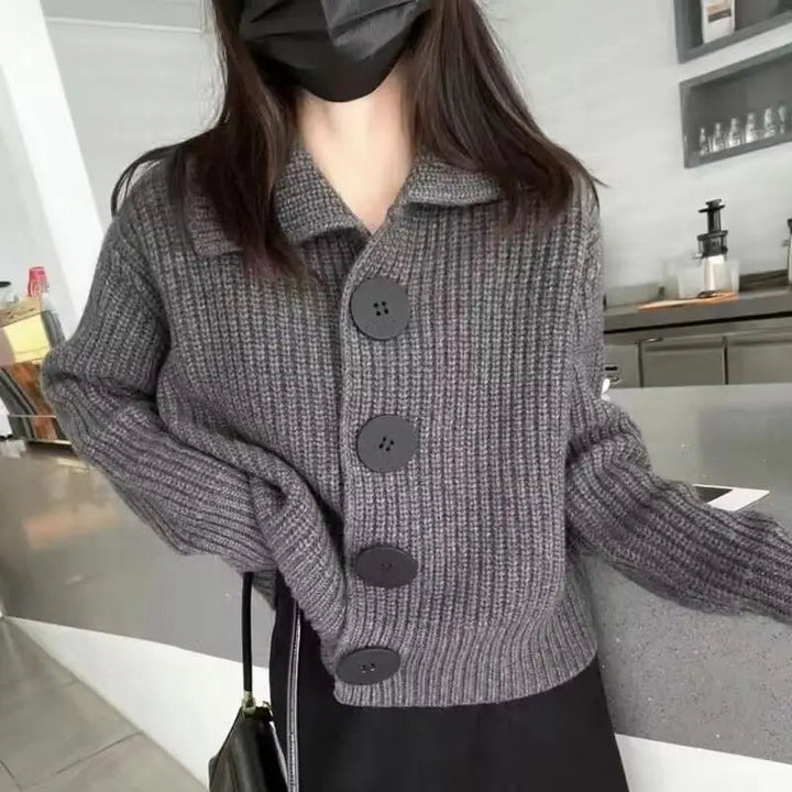 Lunvia | Women's Cozy Cardigan Sweater Solid Lapel Button Korean Long Sleeve Knit Coat — GRAY