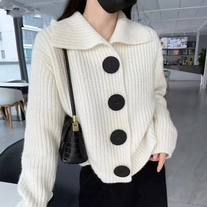 Lunvia | Women's Cozy Cardigan Sweater Solid Lapel Button Korean Long Sleeve Knit Coat — WHITE