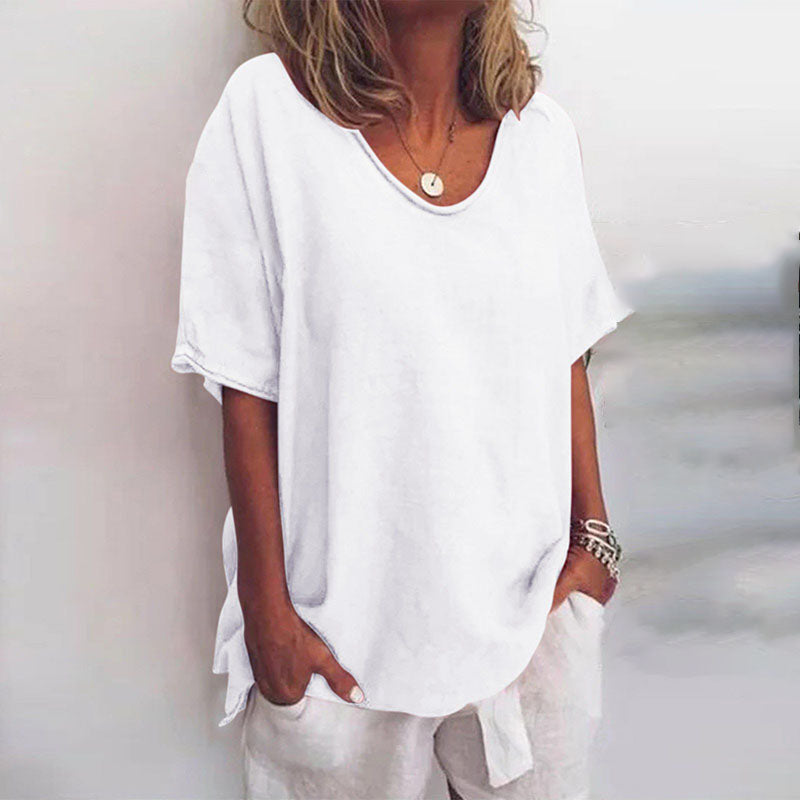 Relaxed silhouette blouse with model details on a clean background, designed for breathable wear.
