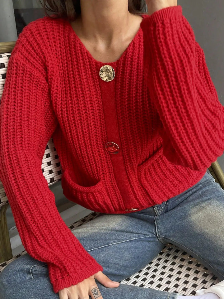 Maeanthe | Women's Cozy Cardigan Sweater Red Rib Knit Oversized Big Button Pocket — 1