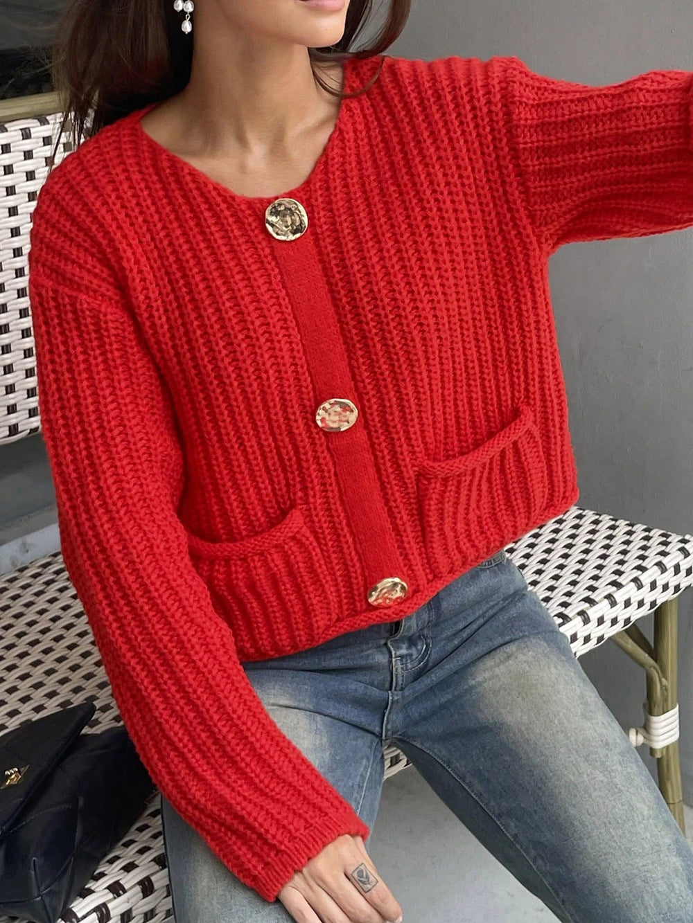 Maeanthe | Women's Cozy Cardigan Sweater Red Rib Knit Oversized Big Button Pocket — 2
