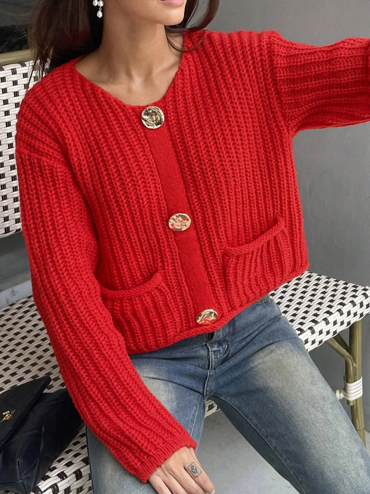 Maeanthe | Women's Cozy Cardigan Sweater Red Rib Knit Oversized Big Button Pocket — 2