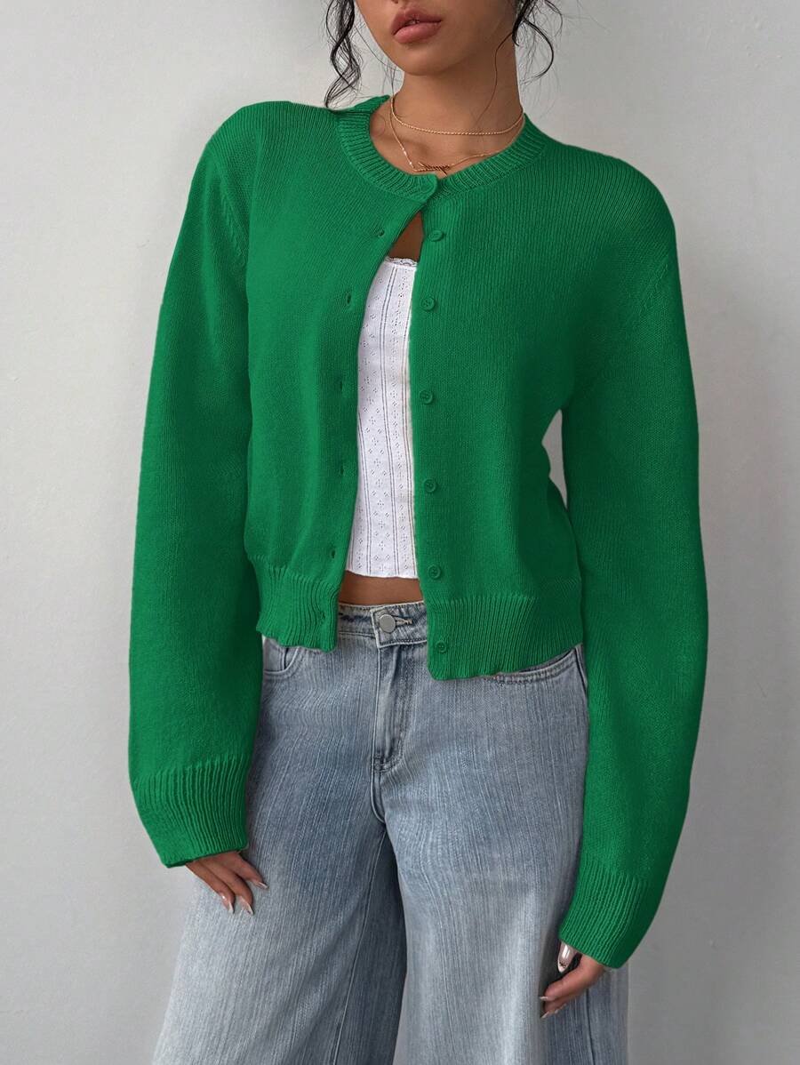 Maebelle | Women's Knit Cozy Cardigan with a Round Neck and Button Front — Green
