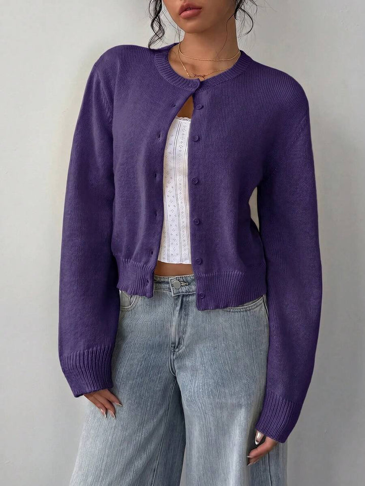 Maebelle | Women's Knit Cozy Cardigan with a Round Neck and Button Front — Purple