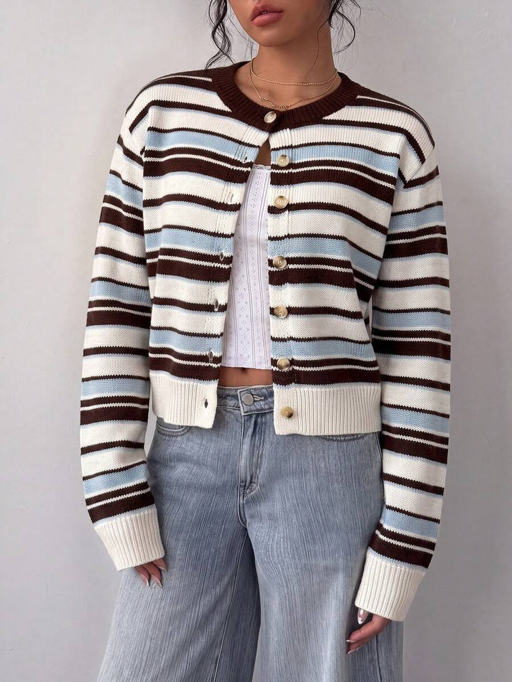 Maebelle | Women's Knit Cozy Cardigan with a Round Neck and Button Front — White