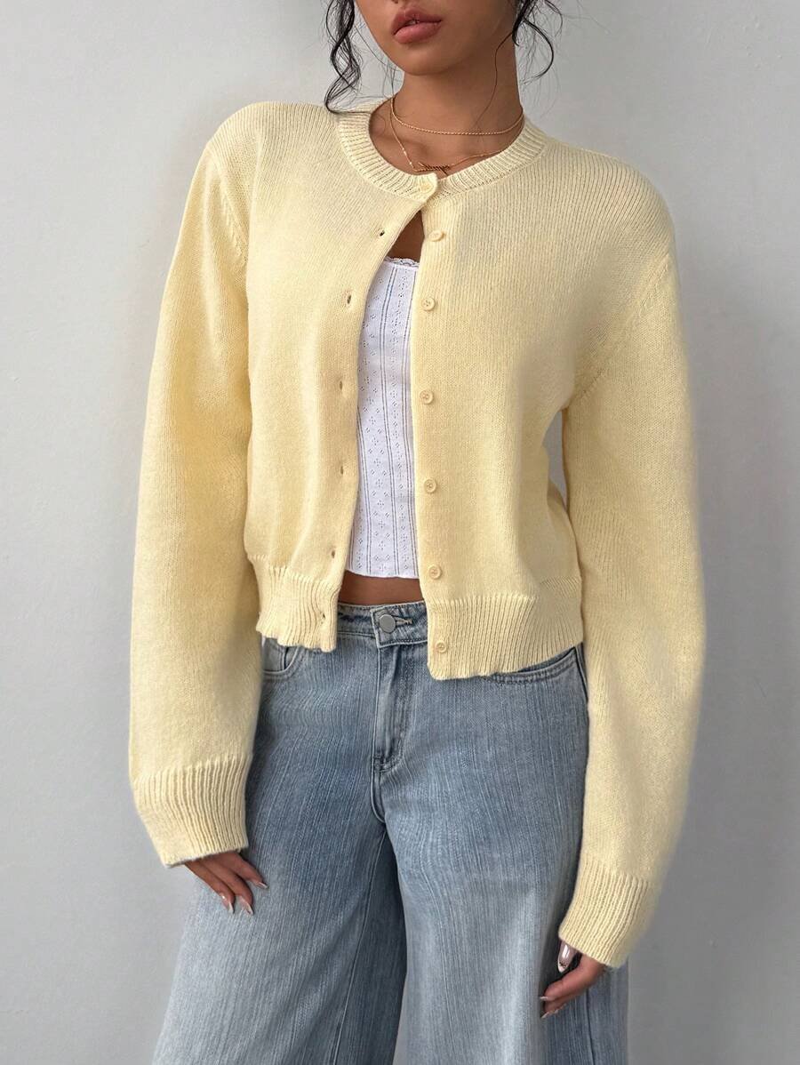 Maebelle | Women's Knit Cozy Cardigan with a Round Neck and Button Front — Yellow