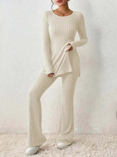 Maeita | Women's Two-Piece Matching Ribbed Knit Co-ord Set — Beige