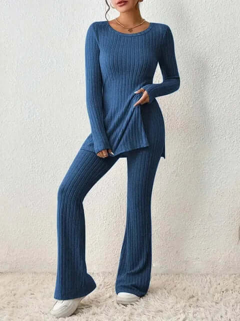 Maeita | Women's Two-Piece Matching Ribbed Knit Co-ord Set — Blue
