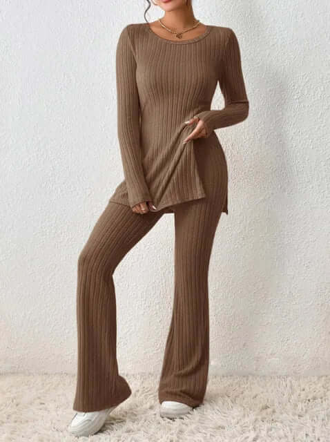 Maeita | Women's Two-Piece Matching Ribbed Knit Co-ord Set — Brown