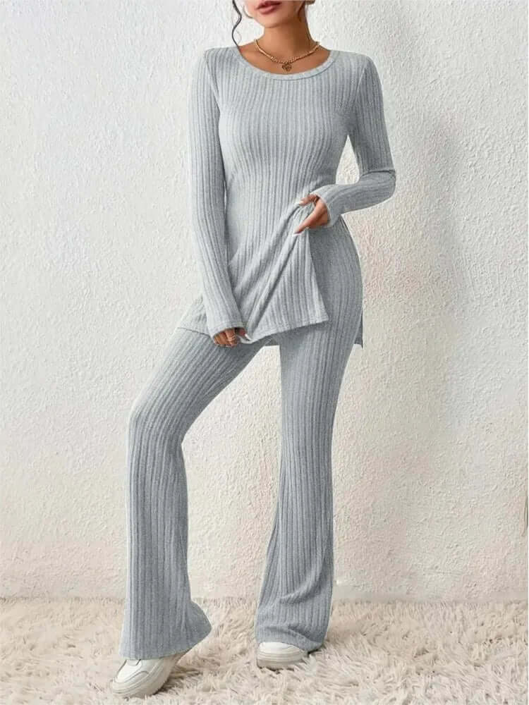 Maeita | Women's Two-Piece Matching Ribbed Knit Co-ord Set — Gray