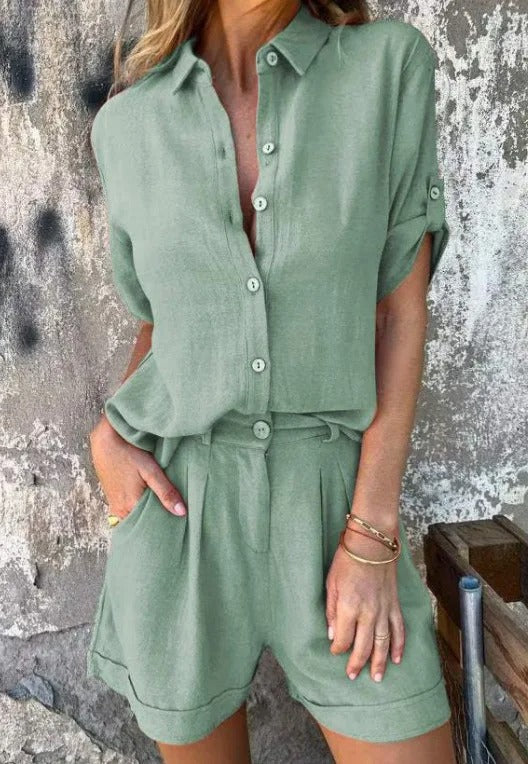 Female model wearing a breathable matching set with shorts and top.