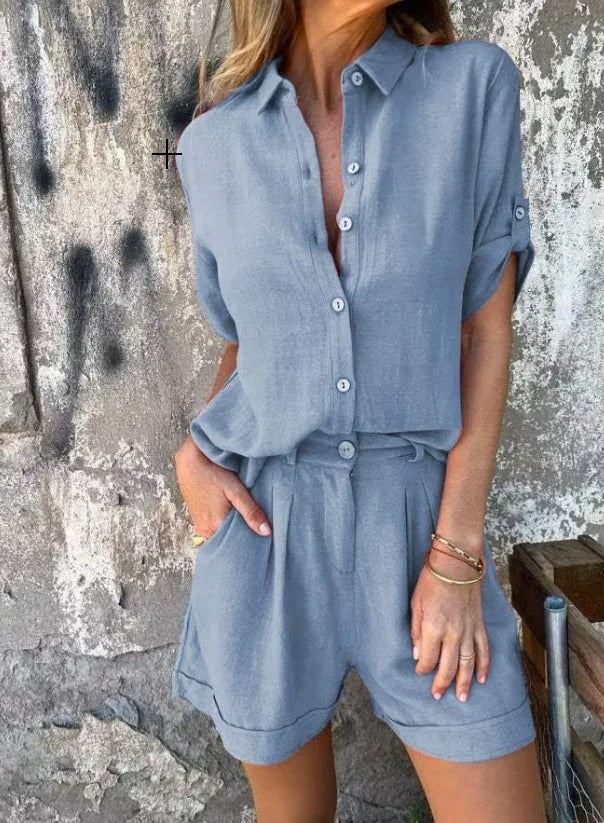 Woman in a coordinated summer outfit with a soft top and tailored shorts.