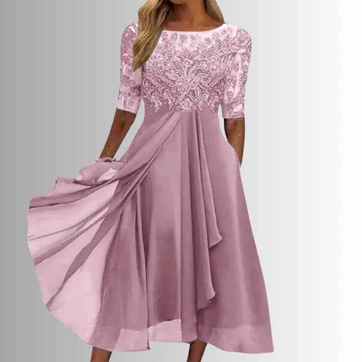 Marcellina | Women's Wedding Guest Elegant Lace Bodice Midi Dress with Sheer Sleeves Dresses — 2