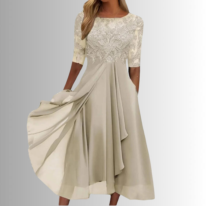 Marcellina | Women's Wedding Guest Elegant Lace Bodice Midi Dress with Sheer Sleeves Dresses — Cream