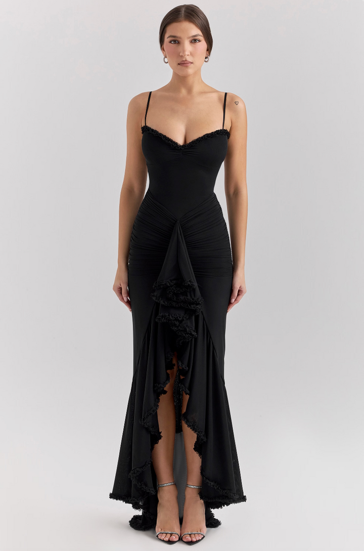 Marencine — Ruched Maxi Dress with Asymmetrical Ruffle Hem